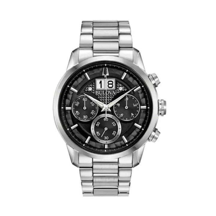 Elegant stainless steel men's chronograph watch with sleek black dial, multiple subdials, and date display.