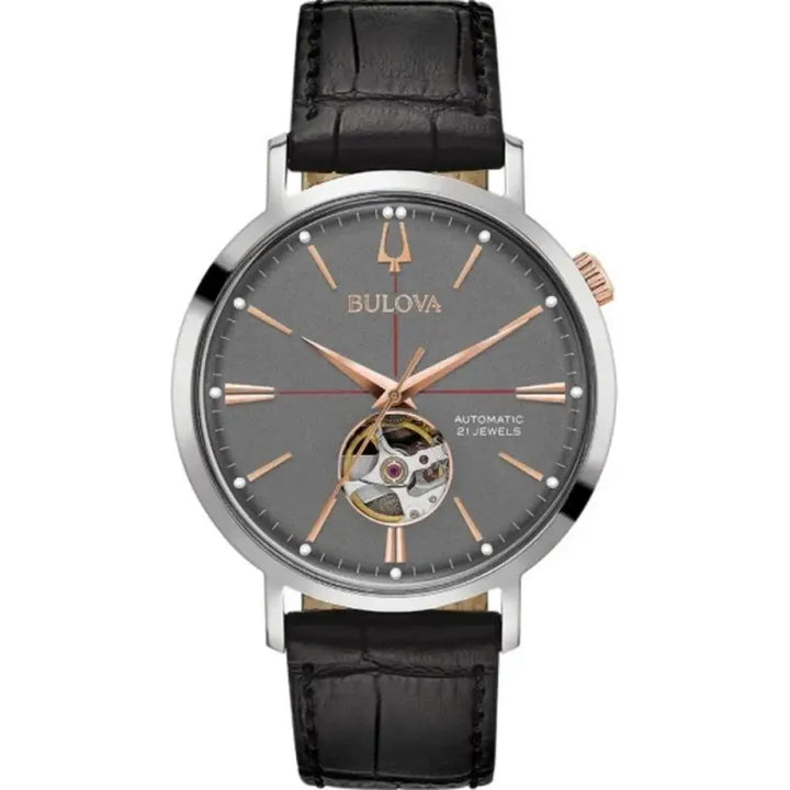 Elegant Bulova watch with stainless steel case, black leather strap, and automatic movement.