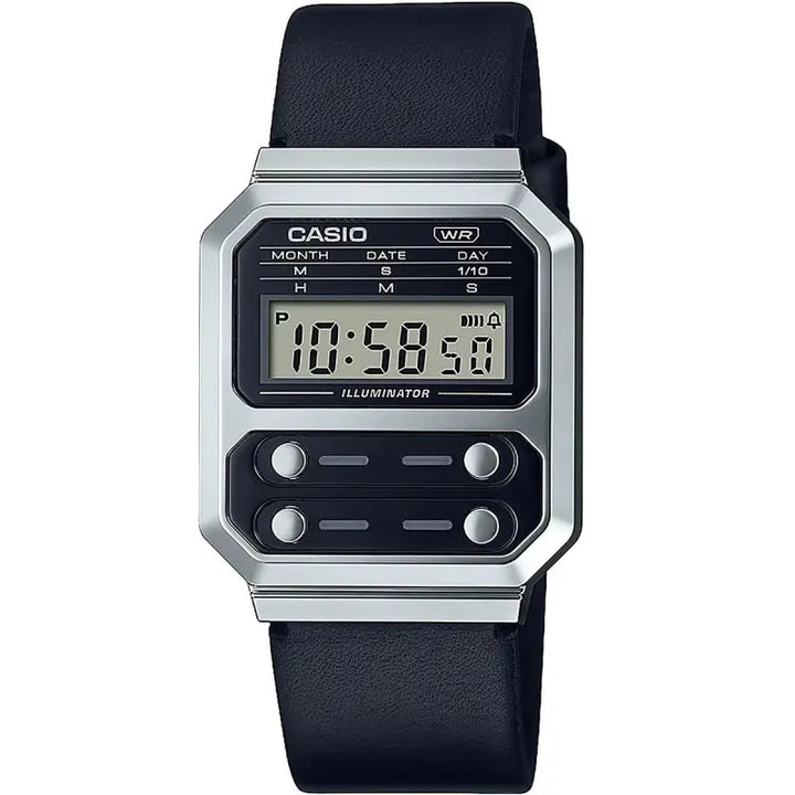 Elegant Casio A100WEL-1AEF men's digital watch with sleek stainless steel case (Ø 33 mm) and black resin strap.