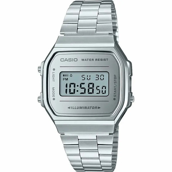 Silver stainless steel digital watch with illuminator and water resist features