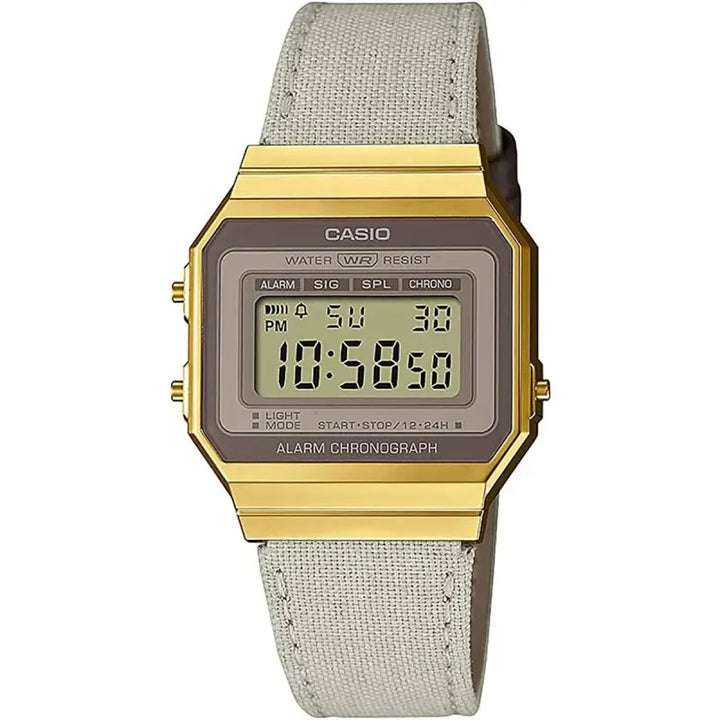 Sleek and stylish Casio A700WEGL-7AEF digital watch with gold-tone accents and light grey canvas strap, featuring alarm, chronograph, and water resistance functionality.