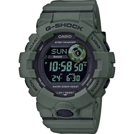 Digital Casio G-Shock G-SQUAD sport watch with 48mm dark green resin case, step tracker, water resistance, and digital display