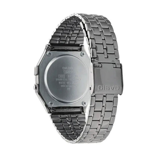 Stainless steel Casio VINTAGE men's watch with classic 33mm diameter case and silver-toned bracelet strap.