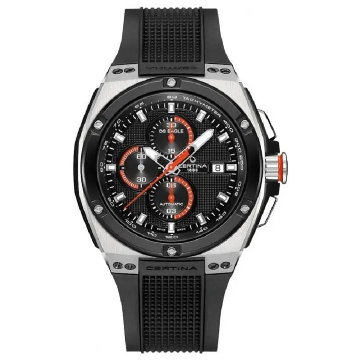 Stainless steel men's watch with chronograph features and black rubber strap