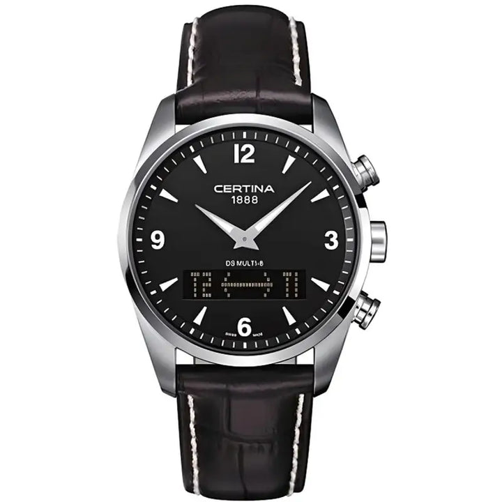 Black leather strap men's analog watch with steel case and black dial featuring Arabic numerals and Certina branding