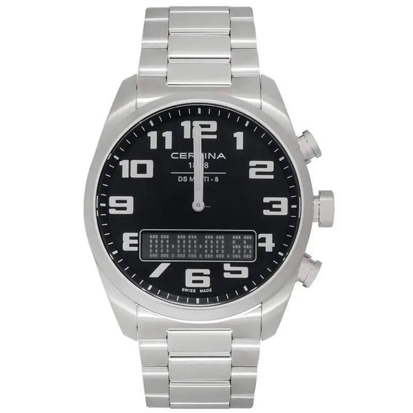 Stainless steel analog-digital watch with black dial and silver bracelet