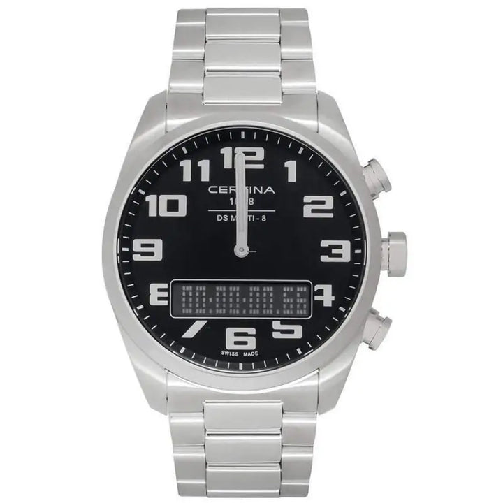 Stainless steel analog-digital watch with black dial and silver bracelet