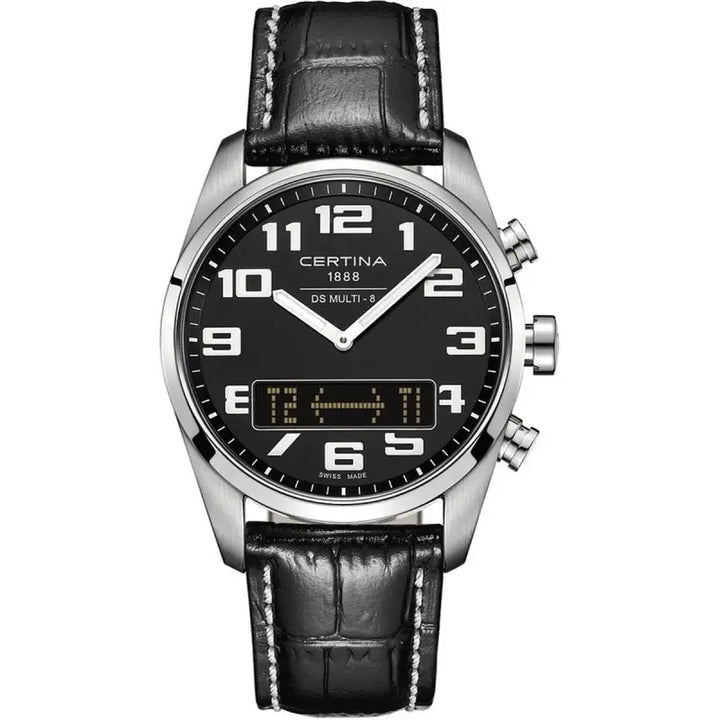 Elegant men's wristwatch with black dial and leather strap