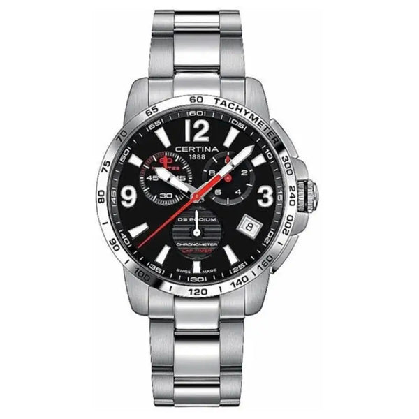 Elegant stainless steel men's watch with chronograph and tachymeter functions, featuring a sleek black dial and sporty design.