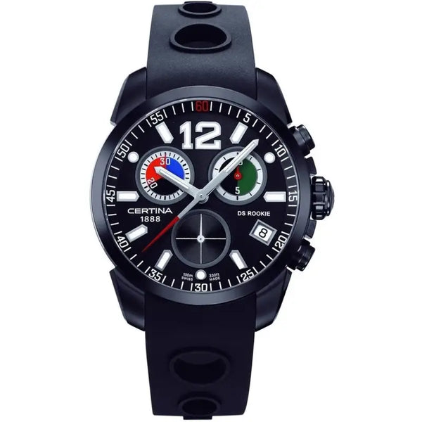 Men's sporty chronograph watch with a prominent dial and a rugged black design.