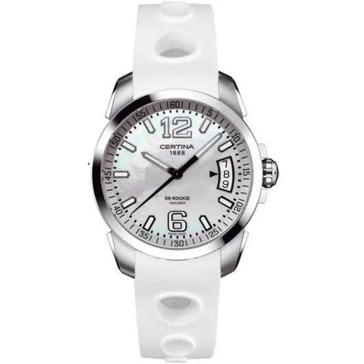 Elegant mother-of-pearl dial men's watch by Certina DS ROOKIE, with 40 mm case size and white rubber strap.