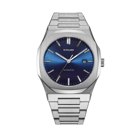 Stainless steel men's dress watch with dark blue dial and date display