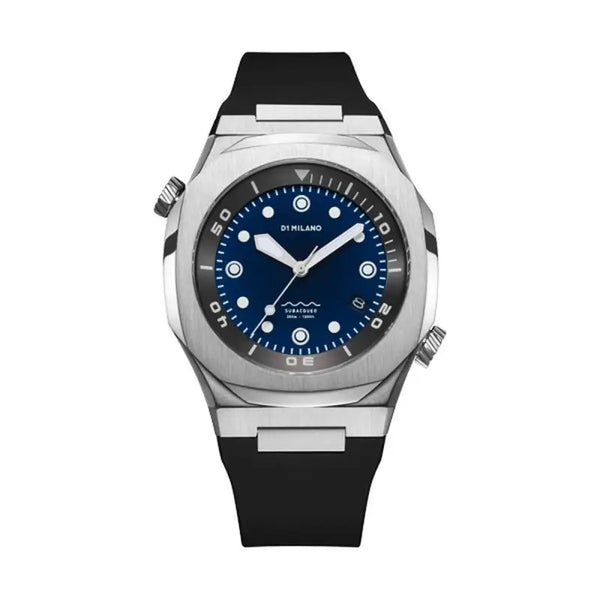 Stainless steel men's watch with deep blue dial and black rubber strap