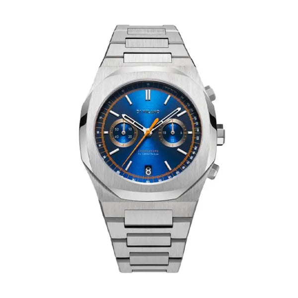 Stylish men's stainless steel wristwatch with royal blue dial, chronograph features, and sleek design.