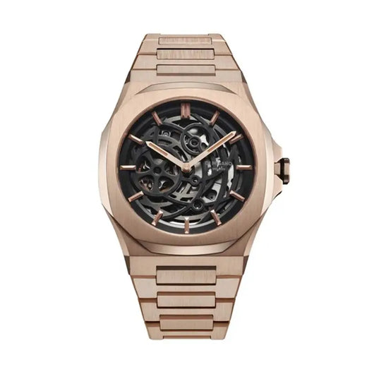 Stylish rose gold men's skeleton watch with an open-heart design, showcasing the intricate mechanical movement within a 41.5 mm stainless steel case.