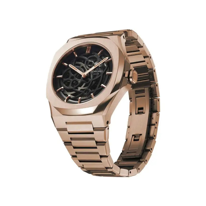 Elegant rose gold men's wristwatch with a stylish skeleton dial showcasing the inner workings. The watch features a sturdy stainless steel case and bracelet, creating a sophisticated and modern timepiece.