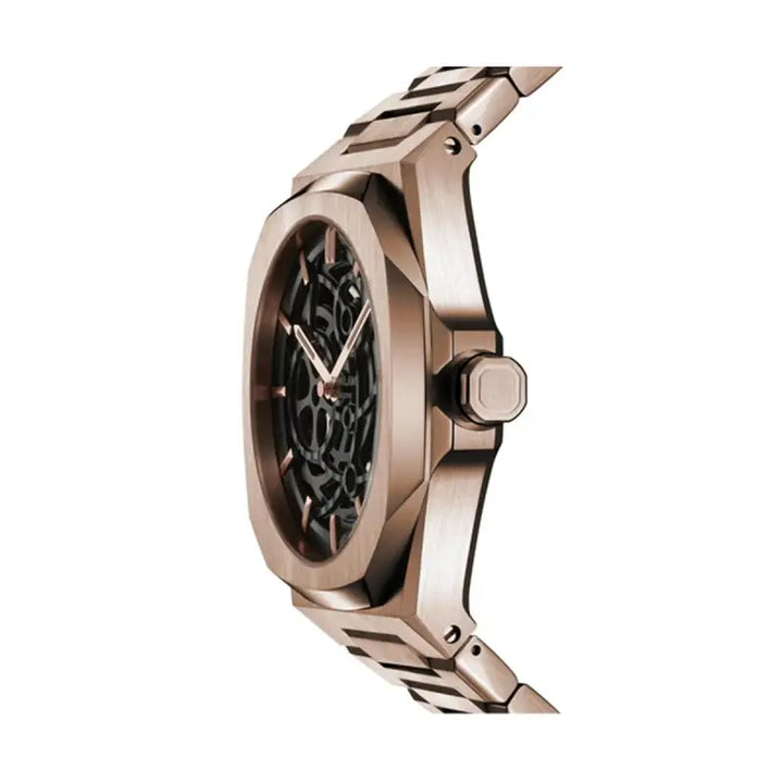 Elegant men's watch with a sleek, modern design. Rose gold-toned metal casing features a skeleton dial showcasing the intricate inner workings. Stylish accessory for the discerning gentleman.