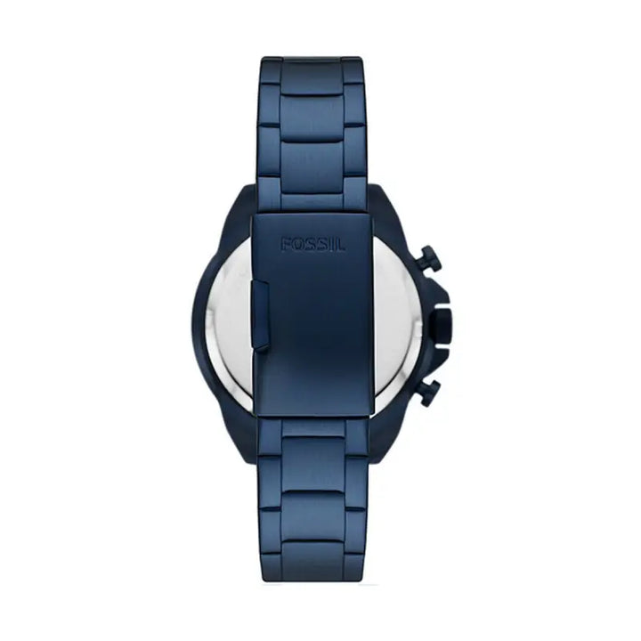 Stylish men's chronograph watch by Fossil with a sleek blue stainless steel case and bracelet, featuring a round dial and modern design.