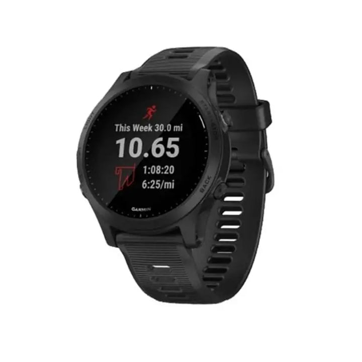 Black Garmin Forerunner 945 smartwatch with digital display showing fitness tracking data