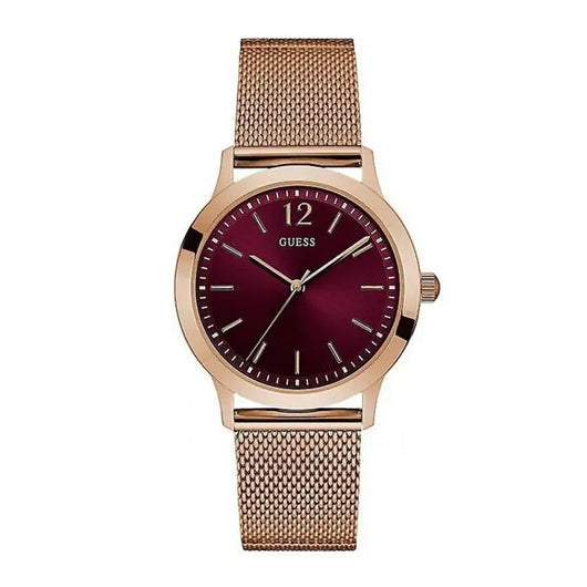 Elegant rose gold-tone women's fashion watch with burgundy dial