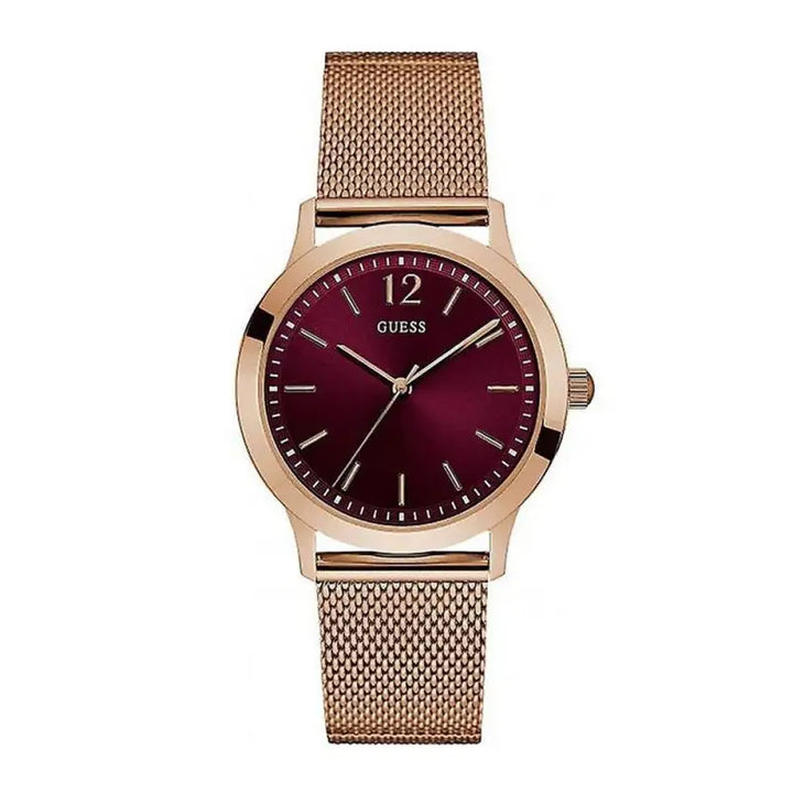 Elegant rose gold-tone women's fashion watch with burgundy dial