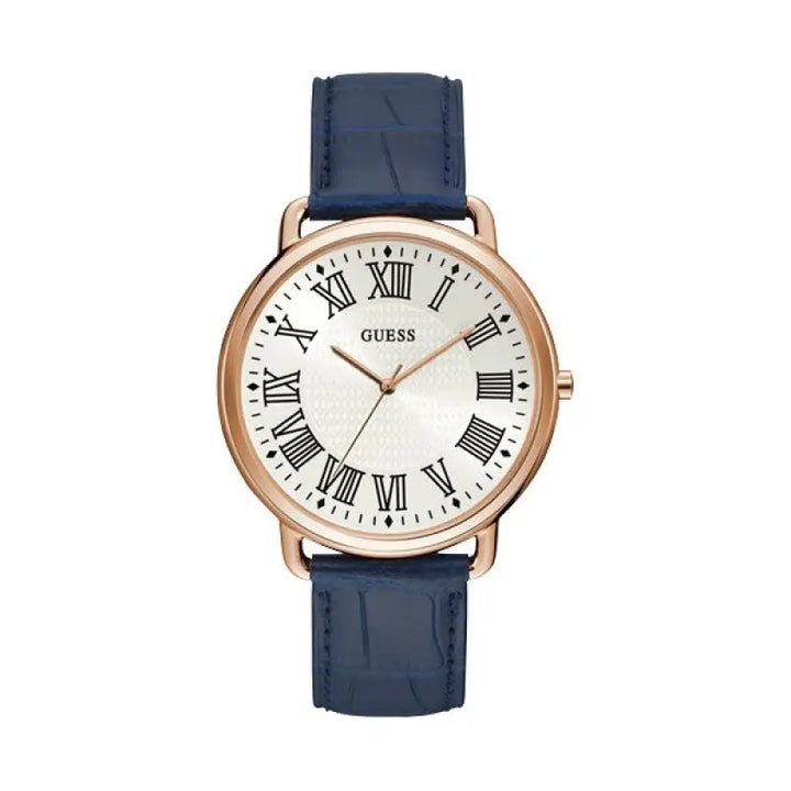 Rose gold-tone men's watch with navy blue leather strap and classic Roman numeral dial from the Livre e Solta Fashion brand.