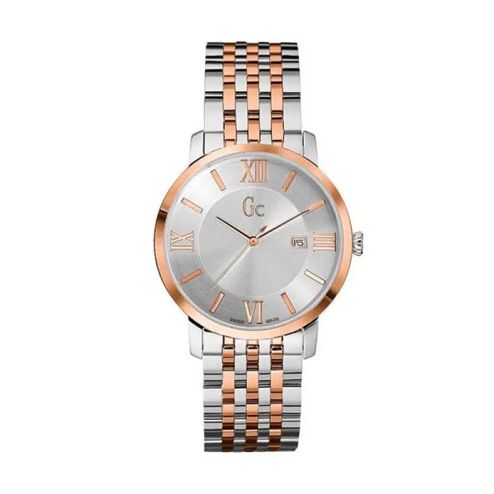 Elegant men's watch by Guess with a two-tone stainless steel bracelet and a sleek silver dial featuring Roman numeral hour markers and a date display function.