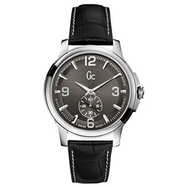 Elegant men's fashion watch from Guess with a 42mm stainless steel case, black leather strap, and sleek gray dial featuring a small seconds subdial.