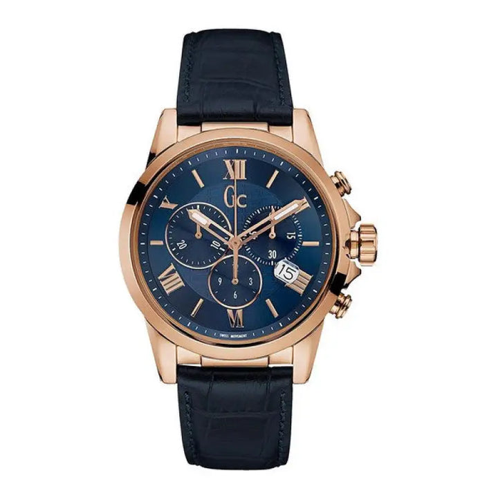 Rose gold men's watch with black leather strap, chronograph style dial, and Roman numeral hour markers