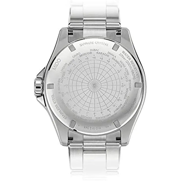 Stainless steel men's watch with a sapphire crystal face displaying compass-like markings for multi-purpose use.