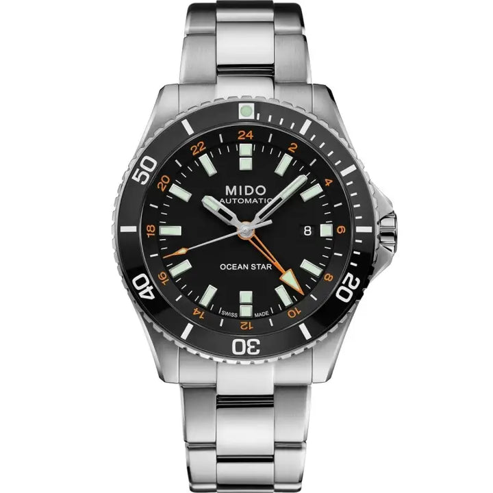 Silver-toned men's watch with a black dial and luminous hands and markers, featuring a diver-style rotating bezel. The watch is part of the Ocean Star collection by the Mido brand.