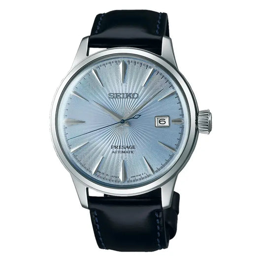 Sleek and sophisticated Men's Watch Seiko SRPB43J1 with a stylish black leather strap, featuring a silver-toned dial with a radiant sunburst pattern and a date display function.