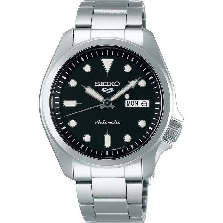 Stainless steel men's Seiko 5 automatic watch with black dial and day-date complication