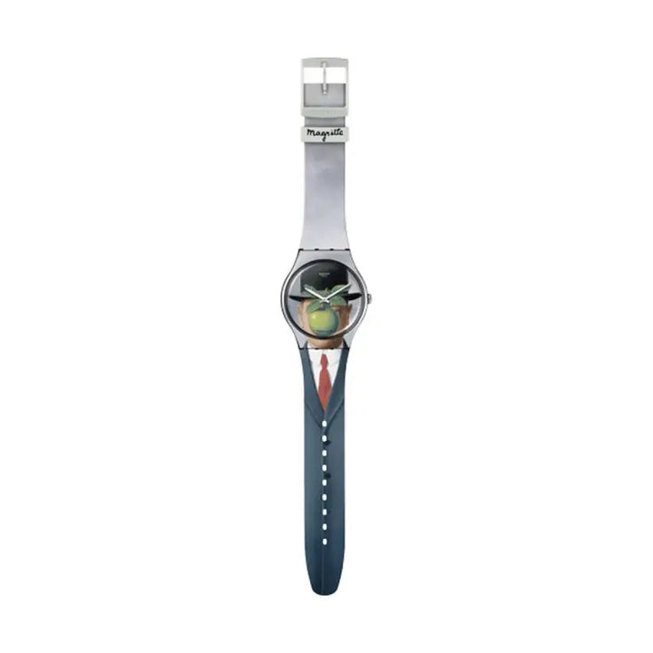 Modern silver-tone men's watch with navy blue band and round dial featuring a graphic design.