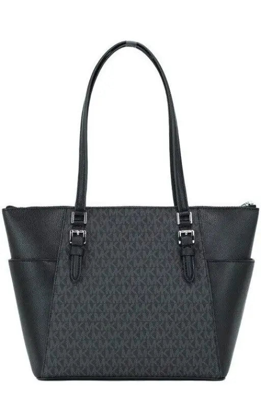 Michael Kors Charlotte Black PVC Leather Large Top Zip Tote Handbag Bag Purse - Livre e Solta Fashion