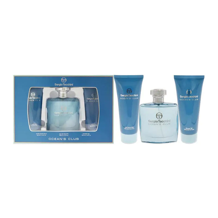 Sergio Tacchini Ocean's Club Eau De Toilette 100ml Spray Balsamo After Shave 100ml Gel De Baño 100ml - Livre e Solta Fashion