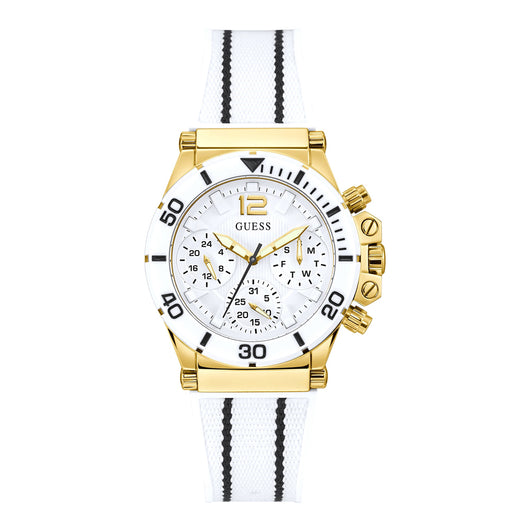 Elegant gold-toned ladies watch by Guess with black and white striped band, white dial, and multiple chronograph subdials for a sophisticated look.