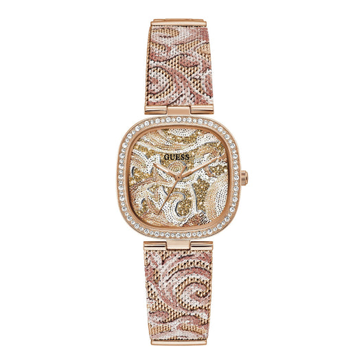 Elegant rose gold-tone Guess Cosmo GW0034L3 ladies watch with crystal-encrusted dial and patterned mesh strap, displayed on a white background.