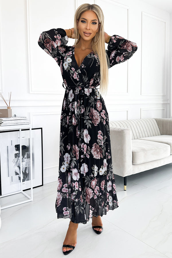 502-1 Vestido midi plisado con escote, manga larga y lazo en la cintura - negro con flores rosas