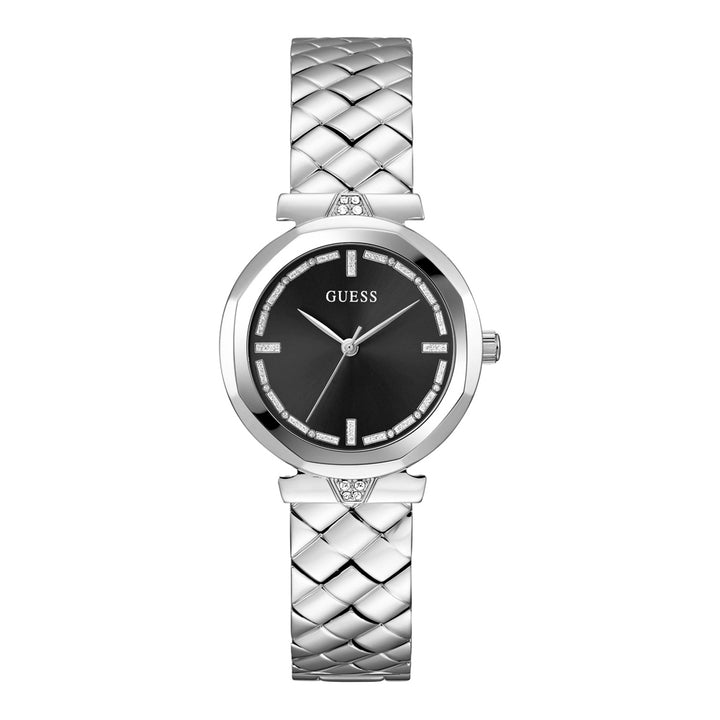 Elegant silver-toned women's Guess Rumour GW0613L1 watch with a black dial, silver-toned stainless steel bracelet, and a quilted pattern design.