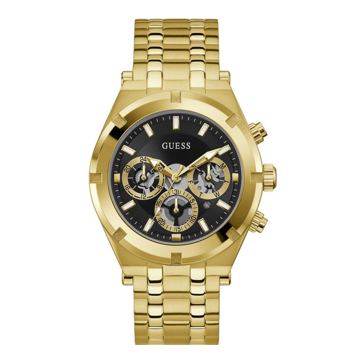 Elegant gold-tone Guess Continental GW0260G2 men's watch with a sleek black dial and chronograph functionality, showcasing the brand's sophisticated design.