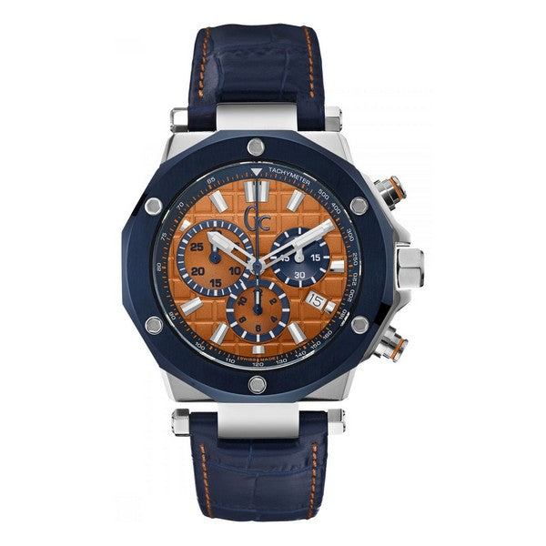 Stainless steel men's watch with a blue leather strap, orange dial, and chronograph functions.