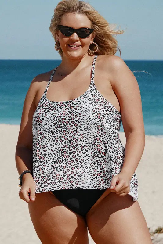 Scoop Neck Racerback Leopard Plus Size Tankini - Livre e Solta Fashion