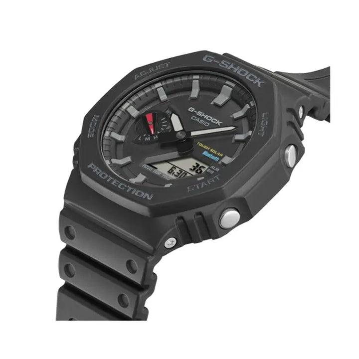 Black digital sports watch with multiple dial displays and rugged design