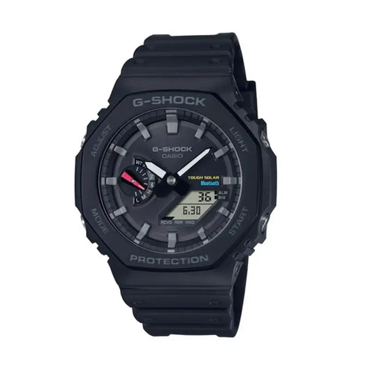 Sleek black Casio G-Shock smartwatch with digital and analog display, highlighting the brand name and protection features.