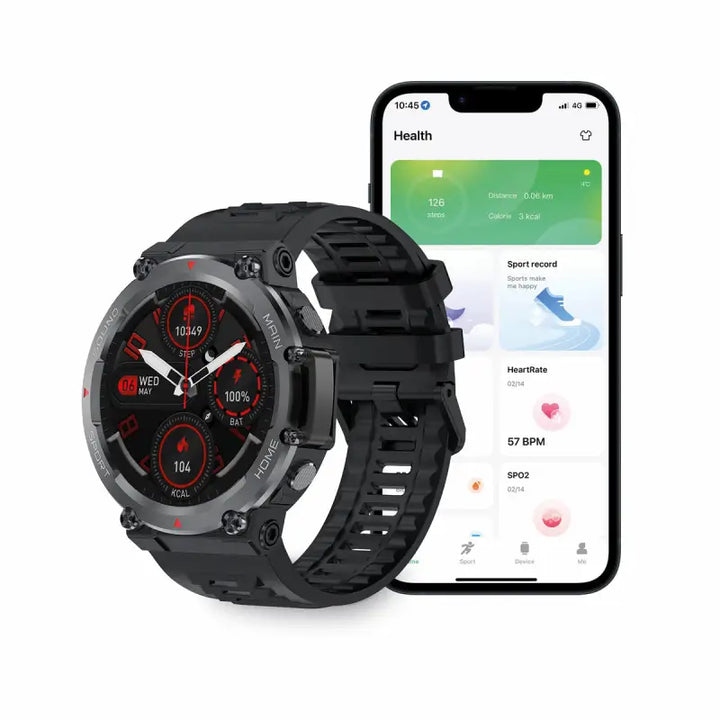 Sleek and sophisticated smartwatch with 1.5-inch Bluetooth 5.0 display and 270 mAh battery, showcasing health tracking features on a connected smartphone app.