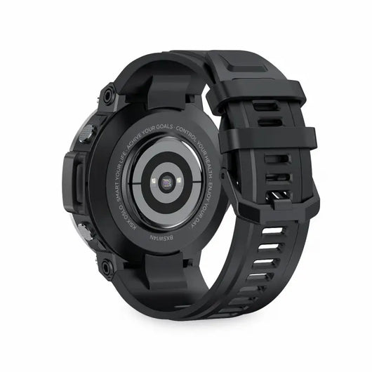 Stylish black smartwatch with a circular design. The watch features a large circular display with a sleek and minimalist appearance. It has a durable and adjustable silicone strap for comfortable wear. This smartwatch offers advanced features and functionality for an active and connected lifestyle.