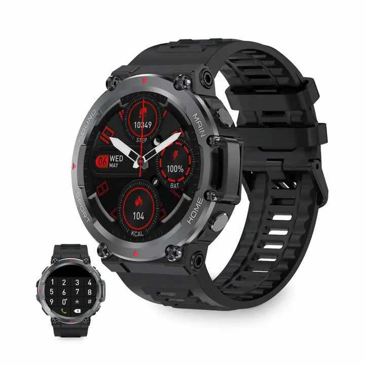 Stylish black Smartwatch KSIX Oslo 1.5" Bluetooth 5.0 270 mAh with sleek design and vibrant red digital display, showcasing modern features for fashion-conscious wearers.