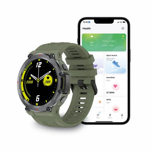 Smartwatch KSIX Oslo 1.5" Bluetooth 5.0 270 mAh Green in green color displayed with a smartphone showing health data.