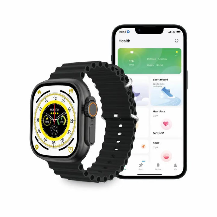 Black smartwatch with yellow and black design displayed on a smartphone screen showing health information.